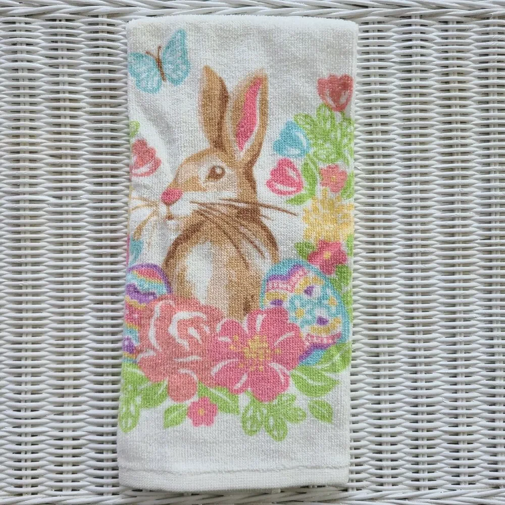Set of Five Easter Bunny and Spring Floral Terrycloth Kitchen Towels 100% Cotton